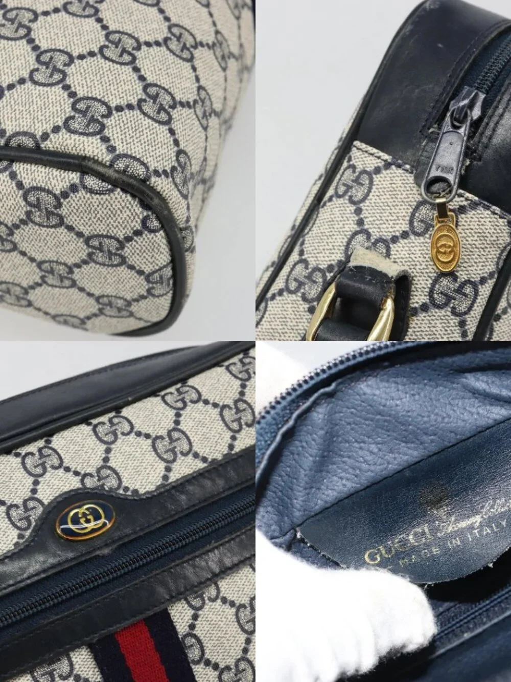 GUCCI GG Supreme Sherry Line Shoulder Bag PVC Navy Gold Auth 185719